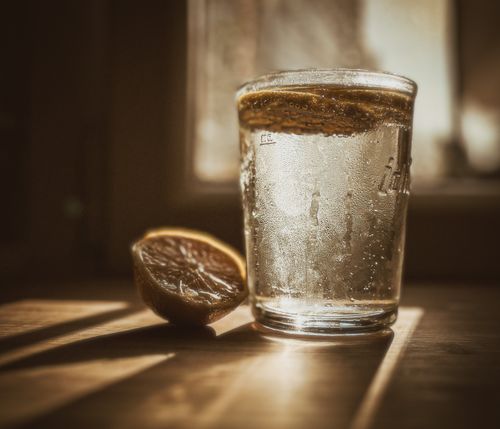 Free A glass of citrus-infused sparkling water with a sunlit lemon slice, creating a rustic refreshing vibe. Stock Photo