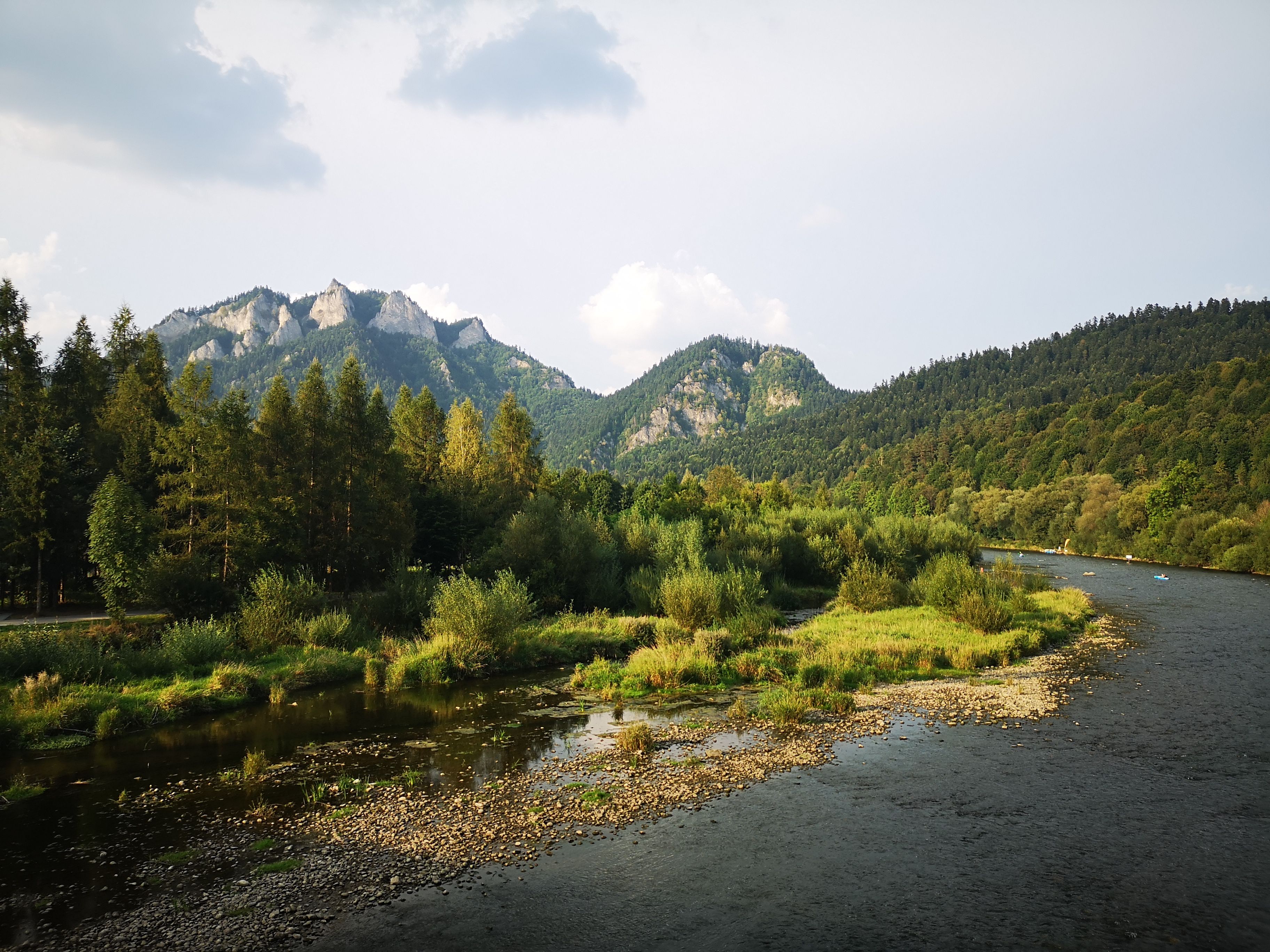 A tranquil river scene with lush greenery and distant mountains under a bright summer sky.