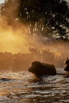 A herd of buffalo in misty water at sunrise, capturing a serene and timeless wildlife scene.