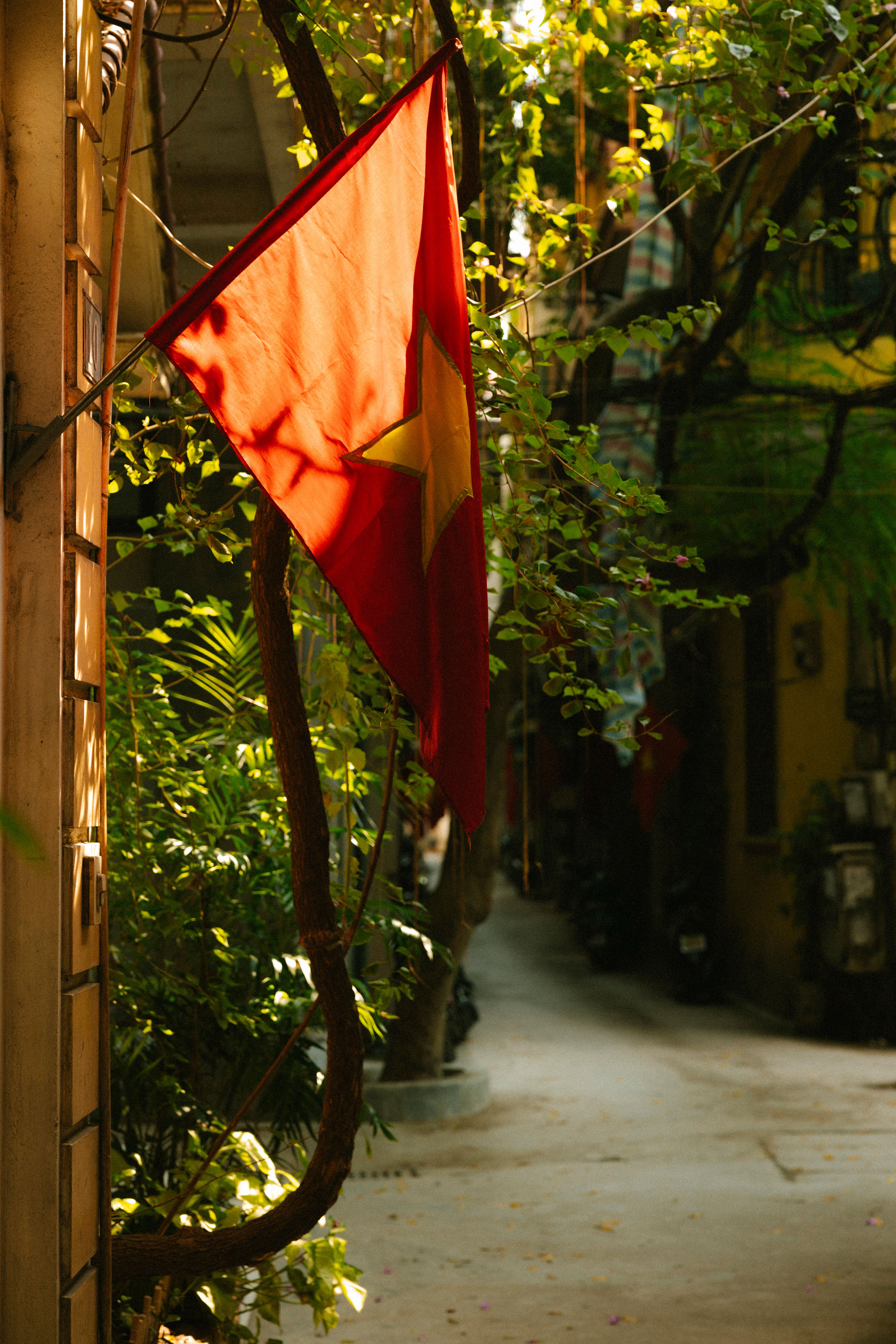 Vietnamese flag waving in a charming sunlit alley, showcasing cultural and urban elements.