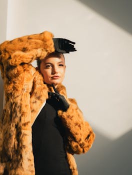 Elegant woman wearing a fur coat and gloves standing against a white background in soft lighting.