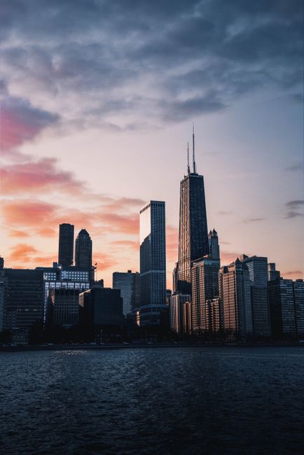 Stunning view of the Chicago skyline at sunset, featuring iconic buildings along the waterfront.
