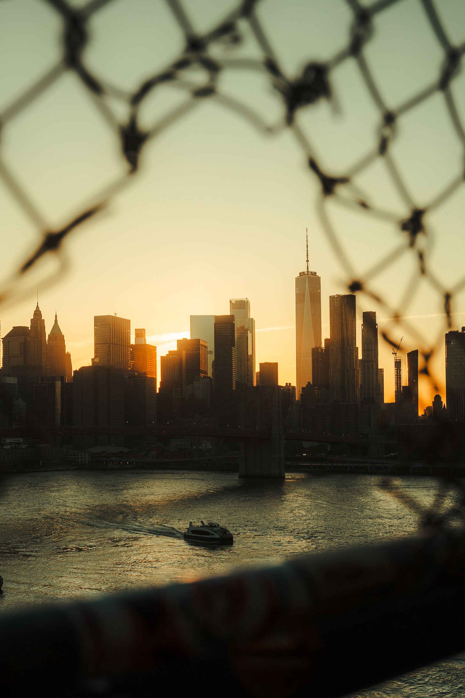 Manhattan NYC skyline at golden hour sunset