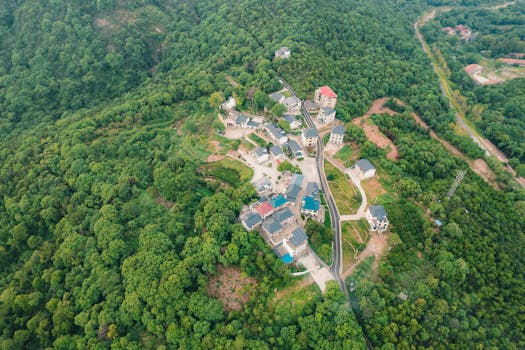 Drone shot of a village surrounded by dense forest in Jiujiang, Jiangxi, China.