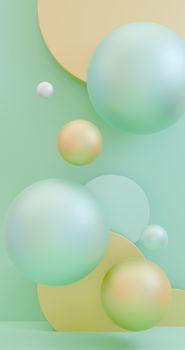 Abstract composition of pastel spheres floating over a green background, perfect for modern design themes.