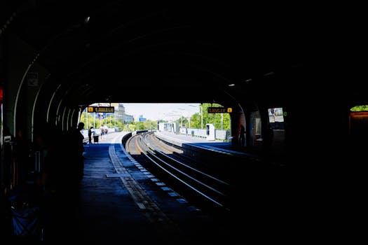 Atmospheric view of a dimly lit train station tunnel leading to vibrant outdoor tracks.
