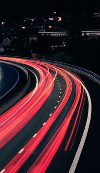 Long exposure of car lights creating streaks on a city highway at night.. long, exposure, lights