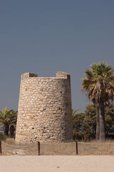 A historic stone tower stands amidst palm trees on a sunny Sardinian beach.