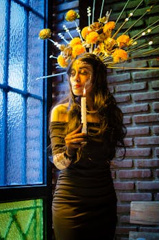 Elegant woman in black dress with floral crown celebrating Dia de Muertos in Mexico City