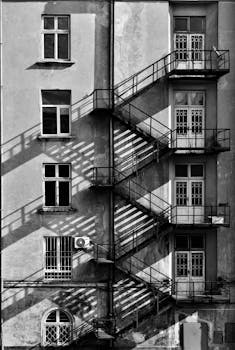 建筑物立面采用戏剧性的黑白照片风格，配有火灾逃生通道和引人注目的阴影