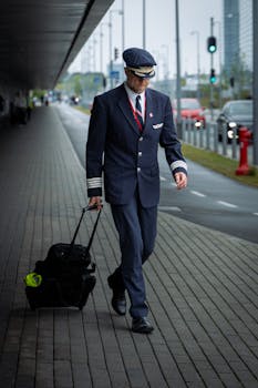 Airline pilot in uniform pulling luggage on a sidewalk near an airport terminal.