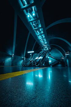 Dramatic underground subway station in Cologne with neon blue lighting and modern architecture.