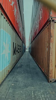 View down a narrow passage between colorful stacked shipping containers.