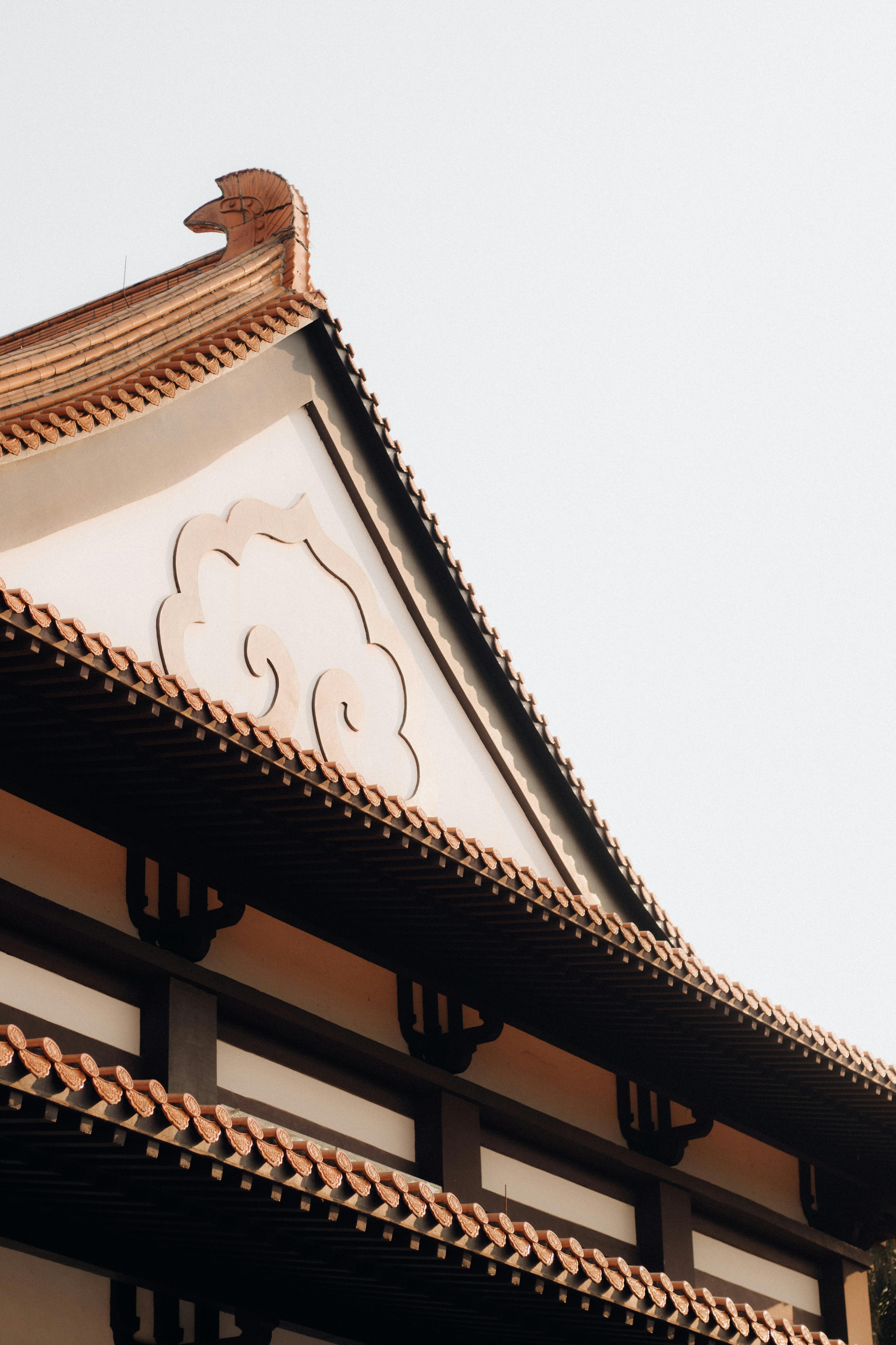 Close-up of a traditional Asian temple roof with intricate design against a clear sky.