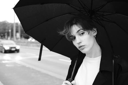 Elegant black and white portrait of a woman with an umbrella on a rainy day.