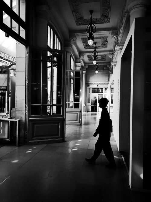 Free A silhouette of a man walking in a historic Parisian corridor with intricate architecture. Stock Photo