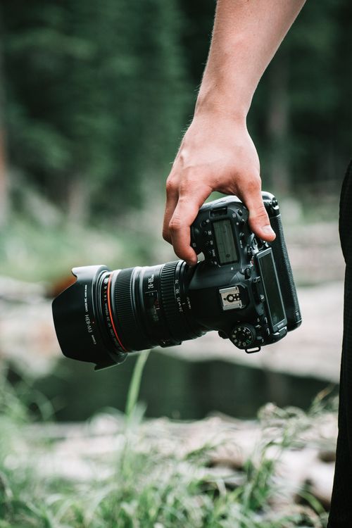 Free Photographer holds DSLR camera in nature setting, ready for action. Stock Photo
