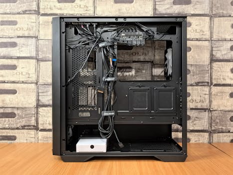 Detailed view of a computer case interior with visible wiring and components.