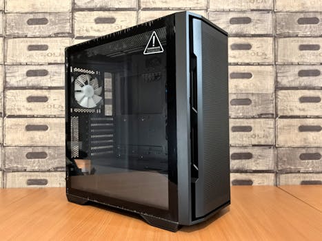 A modern black computer case with tempered glass panel on a wooden desk, ideal for tech enthusiasts.