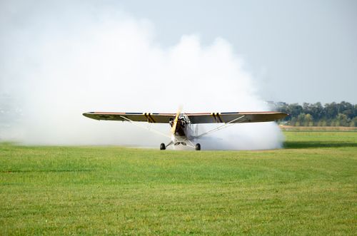 Free A retro propeller aircraft creating smoke as it lands on a lush green field. Stock Photo