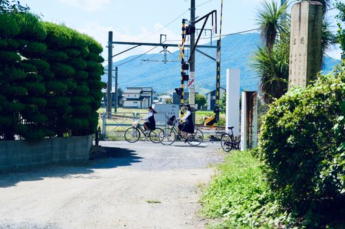 Free Two cyclists pause at a railway crossing in a rural setting with a mountain backdrop. Stock Photo
