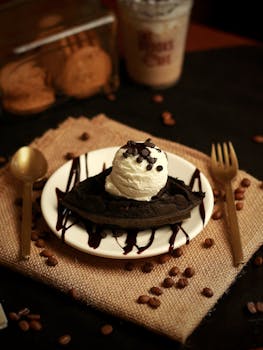 这款奢华的巧克力华夫饼甜点，上面撒着冰淇淋和巧克力片，是一种放纵的享受
