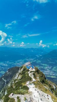 Experience the breathtaking aerial view of Kehlsteinhaus, perched atop a scenic mountain in Bavaria, Germany.