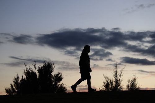 Free A man walks silhouetted against a vibrant sunset in Wonga Park, reflecting calm and solitude. Stock Photo