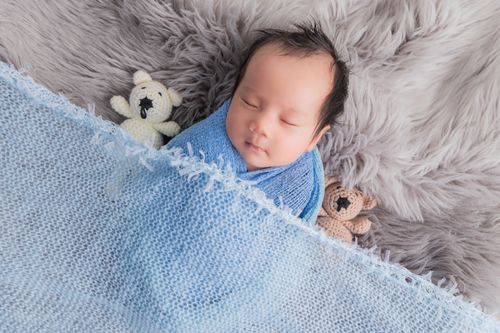 Free Asian baby sleeping soundly, wrapped in a blue blanket with stuffed toys. Stock Photo