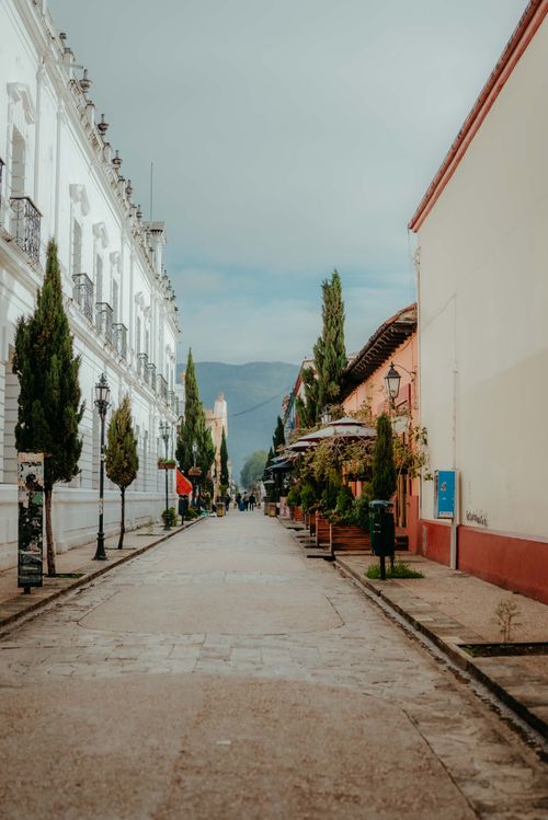 Free Picturesque cobblestone street in San Cristóbal de las Casas, showcasing vibrant colonial architecture and lush greenery. Stock Photo