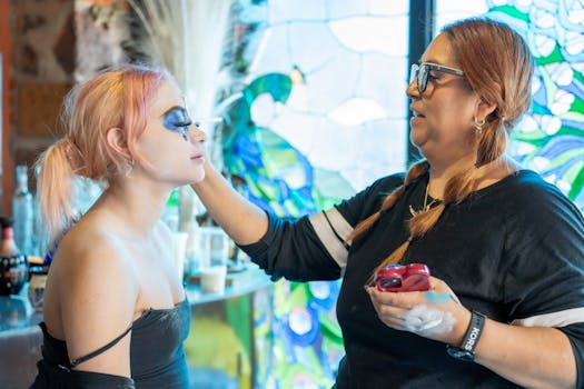 Woman applying Catrina makeup in CDMX for Día de los Muertos celebration.