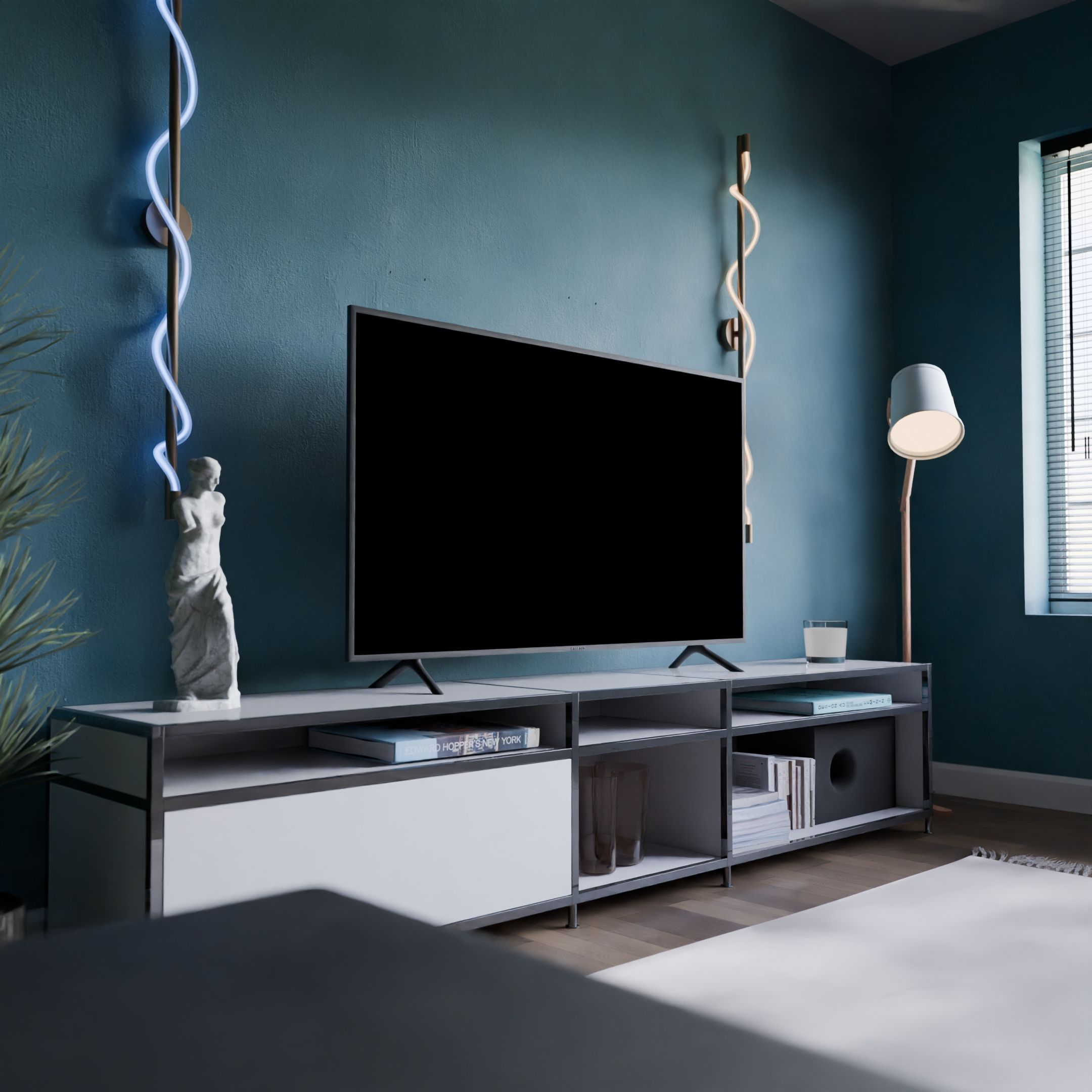 A modern tv stand with a blue wall behind it