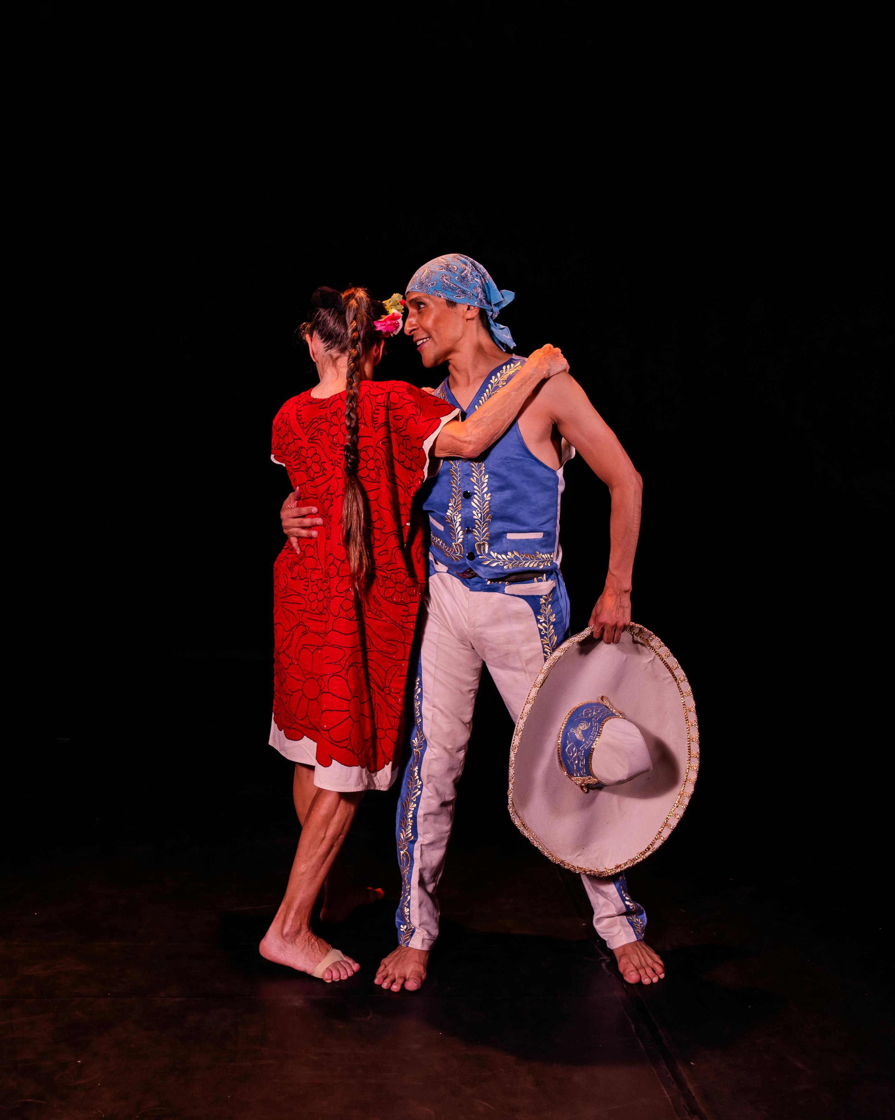Free Two dancers in colorful traditional attire performing a Mexican dance on stage in Ciudad de México. Stock Photo