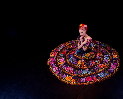 Free Woman in colorful Mexican folk dress performing traditional dance, captured from above. Stock Photo