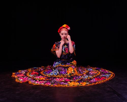 Free A woman in vibrant traditional Mexican costume poses on stage, reflecting cultural elegance. Stock Photo