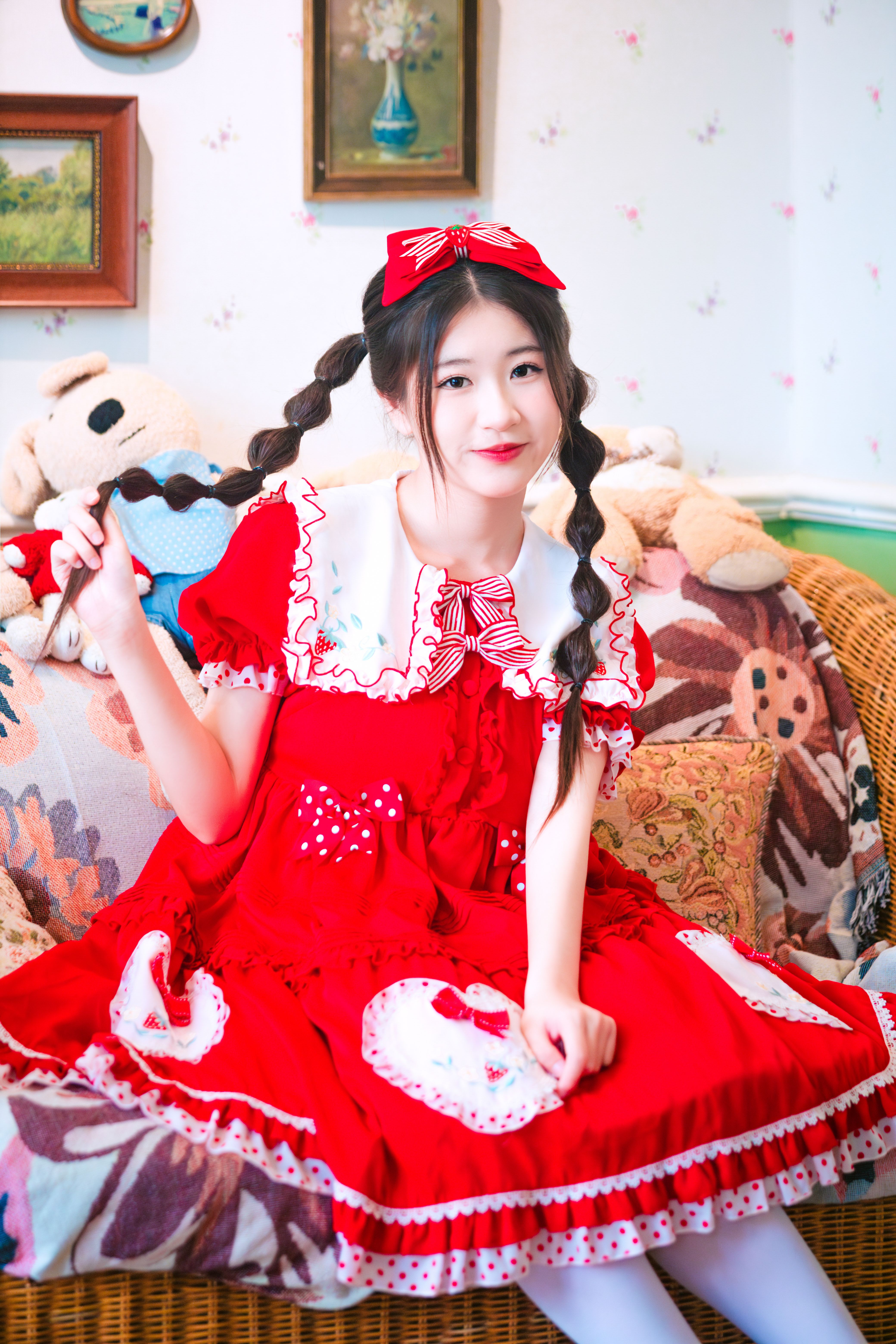 strapless open back dress Off Shoulder Flower Choker Red Black High Low Lolita Dress Pink + White / L