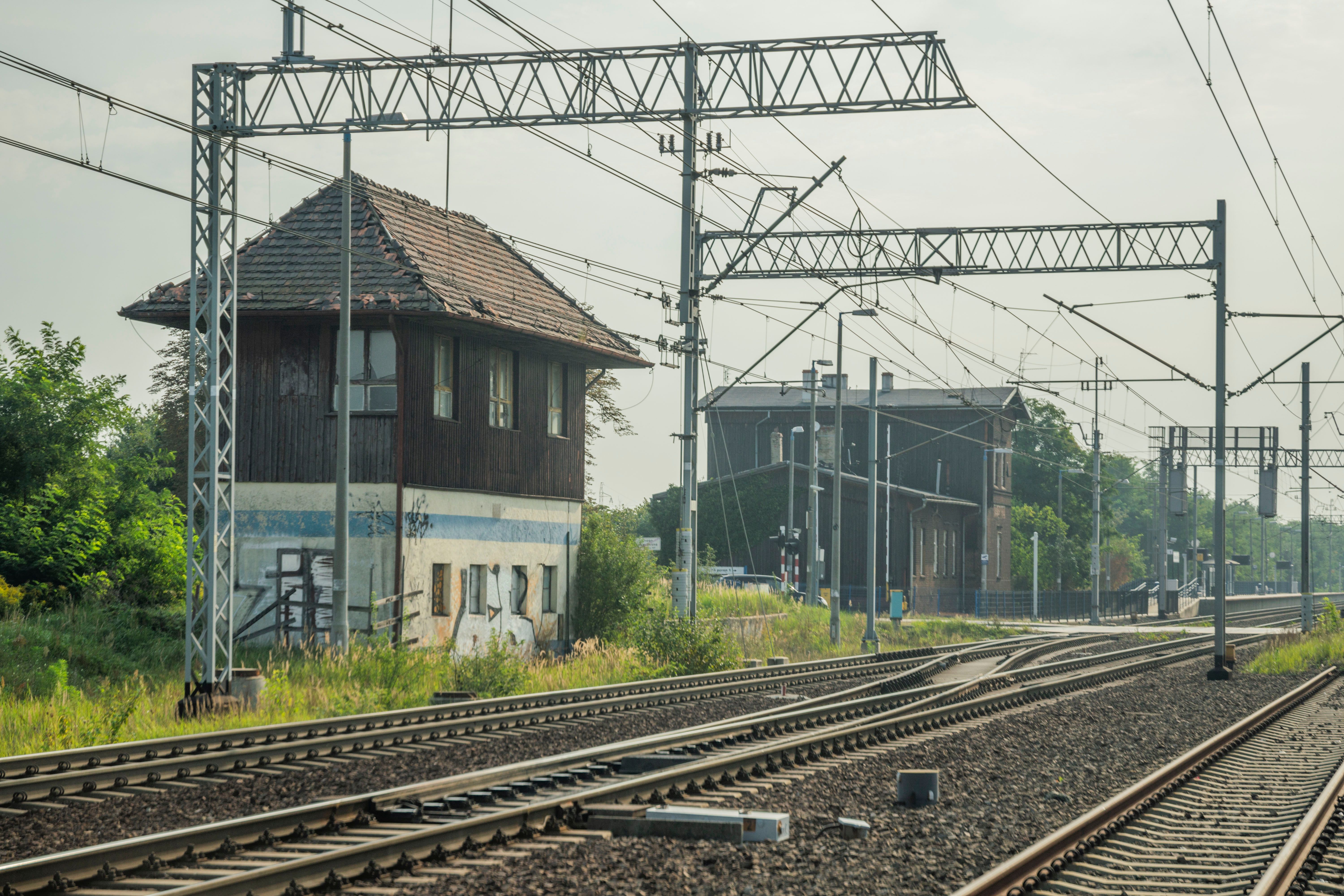 Old railway signal box and tracks at Wrocław station, Poland.
