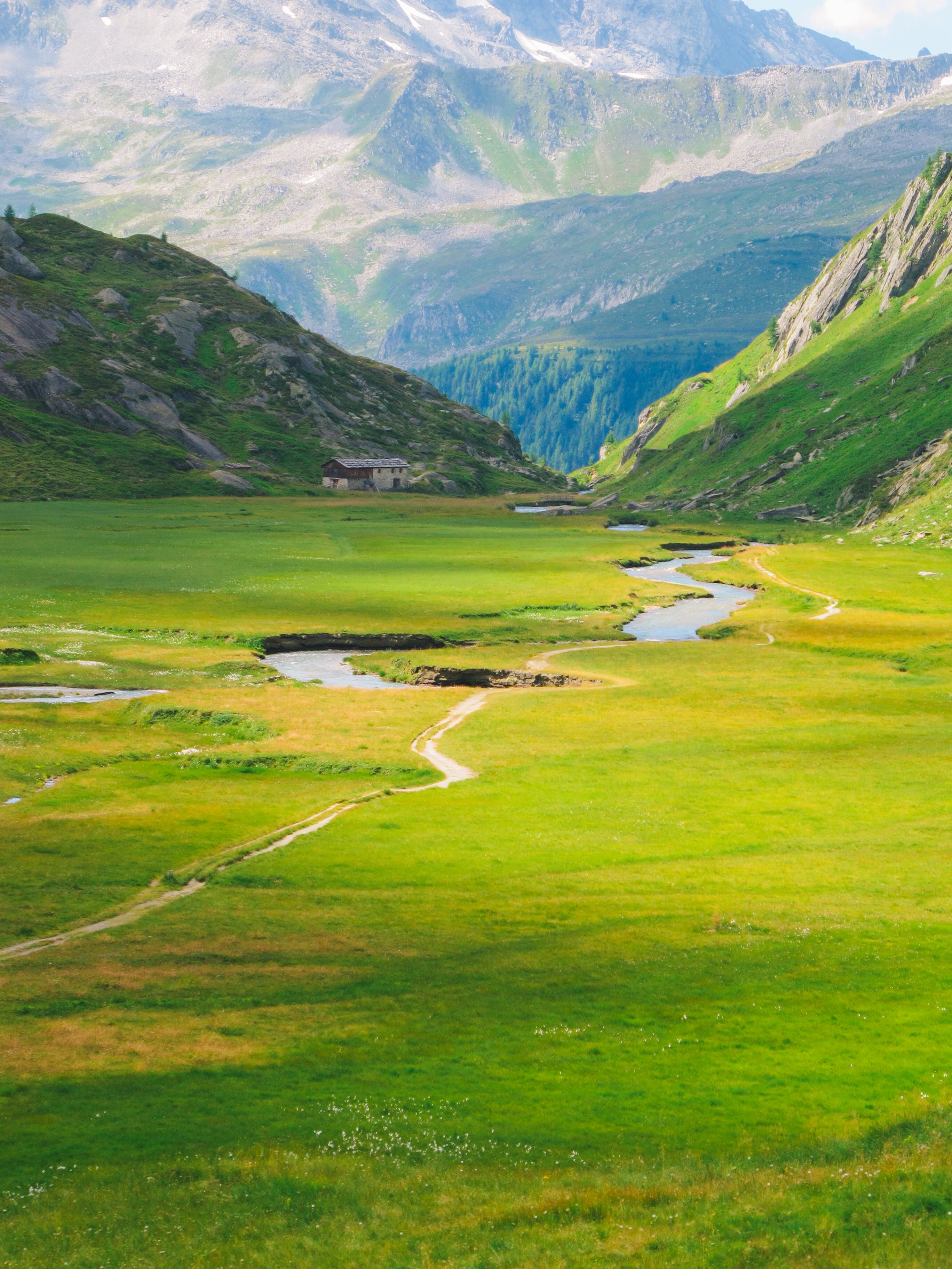 Tranquil landscape featuring a green valley with a winding stream and distant mountains. Perfect for nature lovers.