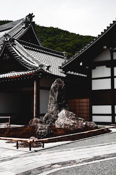 京都传统日式建筑的景观，拥有精致的屋顶和宁静的花园