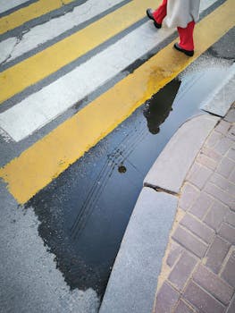 Reflection in puddle on city crosswalk in vibrant St. Petersburg.