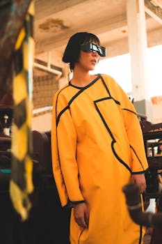 A fashionable woman poses in a yellow dress with unique sunglasses in an industrial setting.