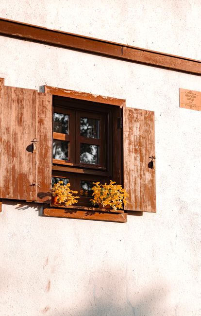 Rustic wooden shutters with vibrant flowers under sunlight in Bursa, Türkiye.