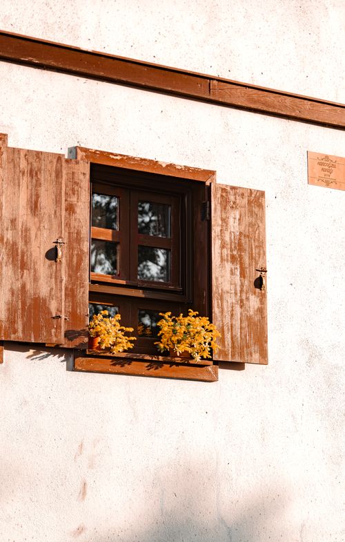 Free Rustic wooden shutters with vibrant flowers under sunlight in Bursa, Türkiye. Stock Photo