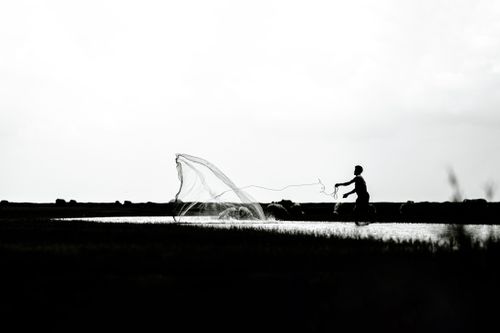 Free Silhouette of a fisherman casting a net at dusk in Sandwip, Bangladesh. Stock Photo