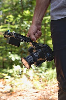 Close-up of hand holding professional camera gear outdoors in lush green forest.