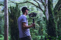 电影摄影师在充满活力的绿色森林中，使用相机齿轮捕捉自然之美