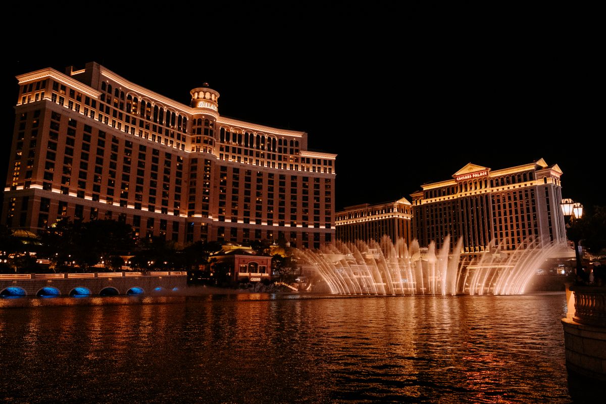 The Bellagio Fountains lit up at night on the Las Vegas Strip
