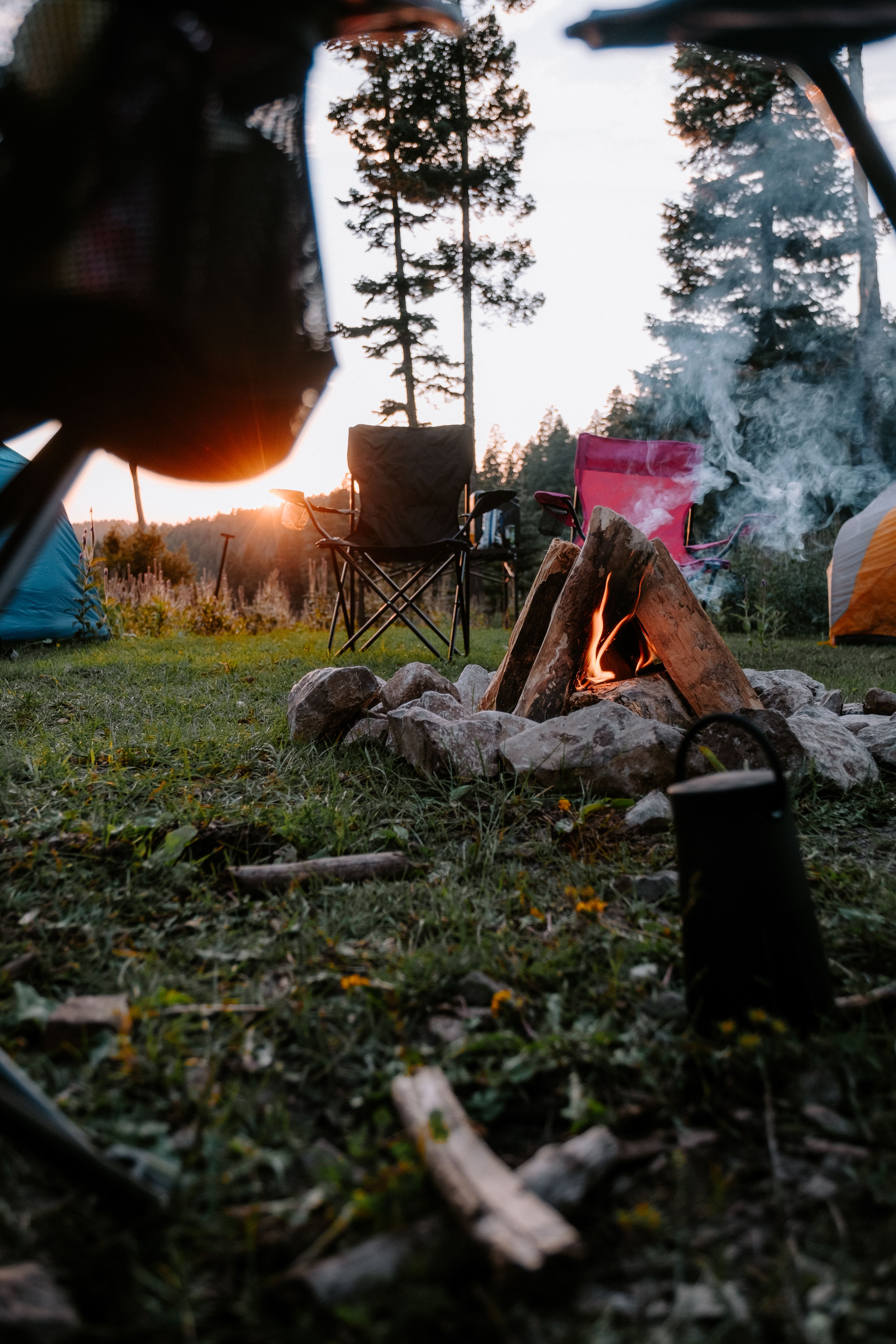 Sunrise over a quiet state park campground with empty campsites and tall pines