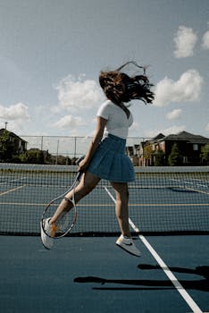 一名年轻女子在室外网球场上用力跳投