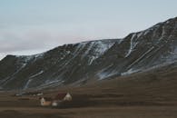 黄昏时，孤屋静立于雪山之畔，捕捉到一片宁静的冬日景象